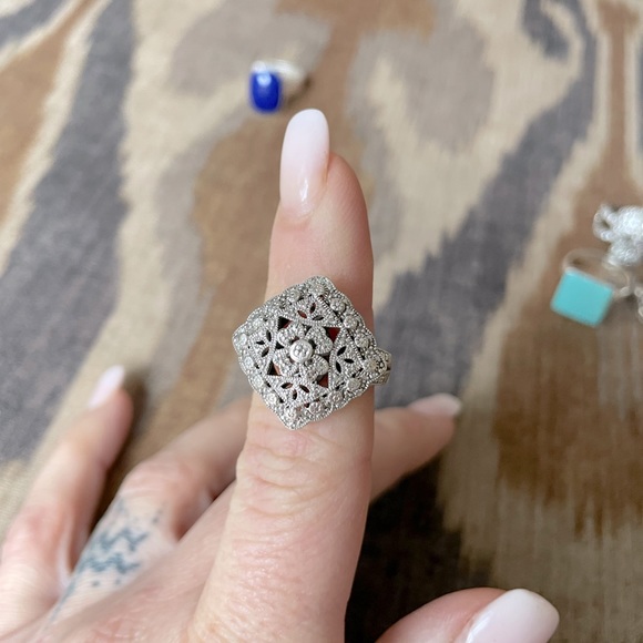 Sterling silver diamond filigree ring Sz 7-7.5 - Picture 1 of 5